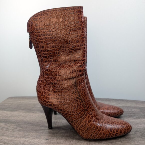 Cole Haan Nydia Cognac Crocodile Style‎ Boots Size 8.5 Heeled Zipper Fall Autumn - Picture 1 of 7